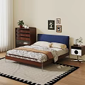 Double Bed With Blue Headboard Wooden Nightstand Patterned Quilt And Framed Pictures On Wooden Floor