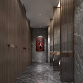 Public Restroom Modern Design Featuring Multiple Sinks Marble Countertop Mirrors And Wall Lights