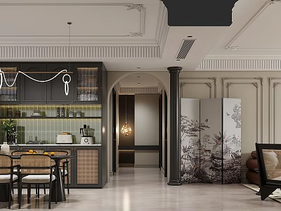 Modern Dining and Living Room Interior Design With Pendant Light Dining Table and Decorative Screen 3d model