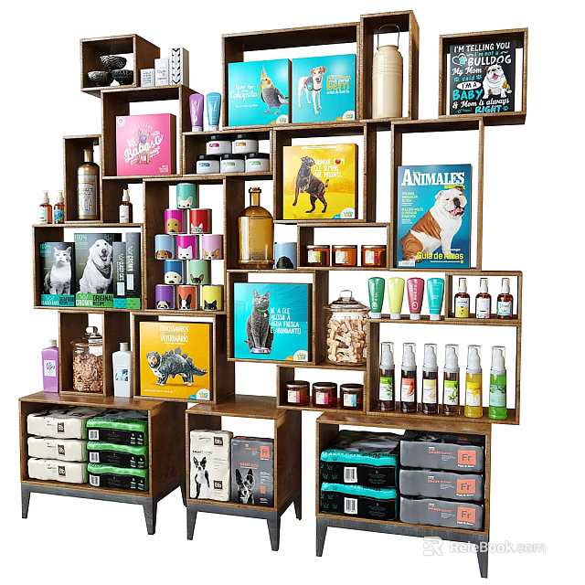 Organized Pet Supplies Display On Wooden Shelves With Colorful Products 3d model 