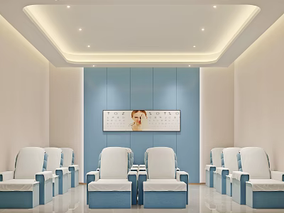 Light Colored Waiting Room With Blue Walls White Chairs And Decorative Painting 3d model