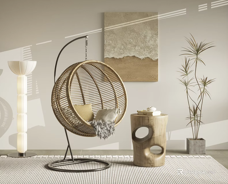 Round Wicker Hanging Chair With Metal Stand In Modern Interior Decorative Artwork And Potted Plant 3d model 
