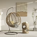 Round Wicker Hanging Chair With Metal Stand In Modern Interior Decorative Artwork And Potted Plant