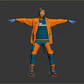 Man In Orange And Blue Ski Suit With Blizzard Arms Outstretched Wearing Hat And Goggles
