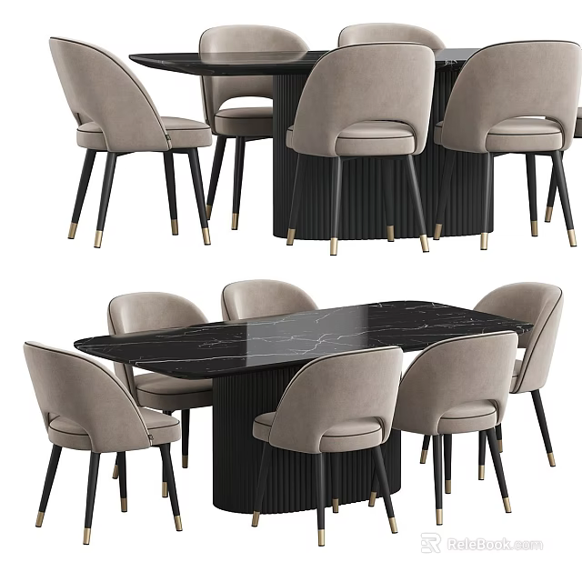 Elegant Dining Table Set With Black Marble Top And Light Gray Upholstered Chairs 3d model