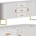 Modern White TV Stand With Gold Metal Legs Vertical Stripes Drawers And Cabinets