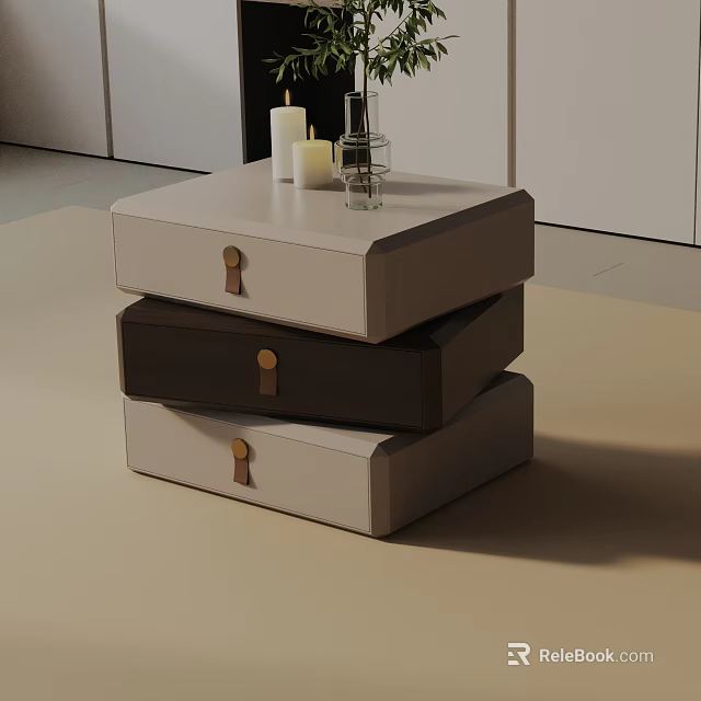 Modern Stacked Drawer Nightstand with Light Gray Dark Brown Golden Handles Candles and Perfume Bottle 3d model 