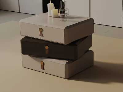 Modern Stacked Drawer Nightstand with Light Gray Dark Brown Golden Handles Candles and Perfume Bottle 3d model