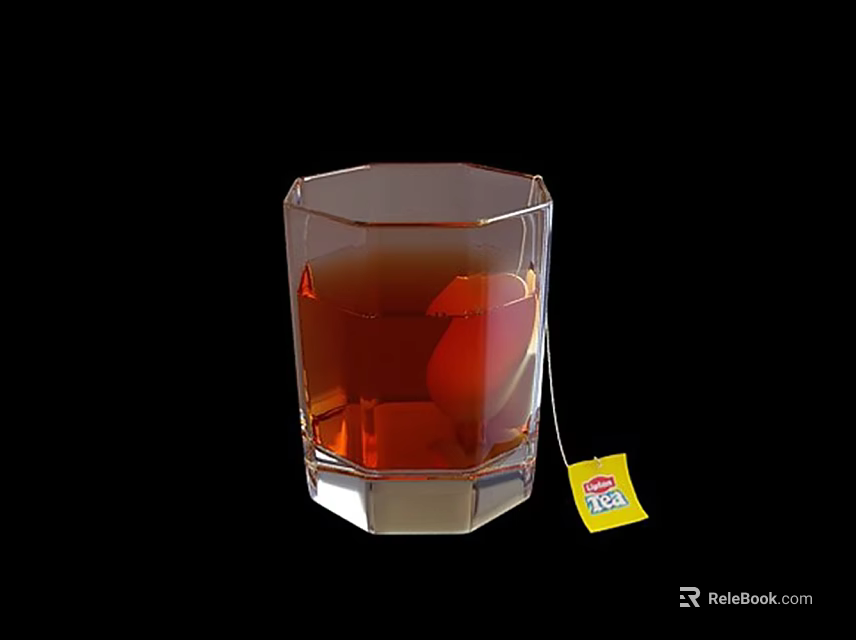 Octagonal Glass With Brown Liquid And Lipton Tea Bag On Black Background 3d model 