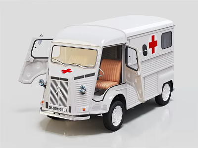 White Citroen Ambulance Model With Open Doors Red Cross Logo And Brown Seats 3d model