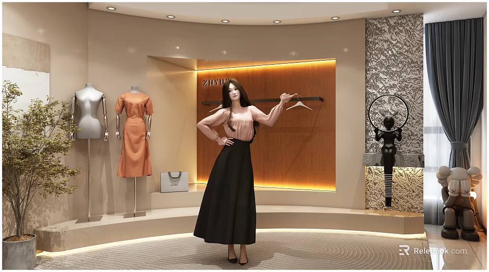 ZUMI Fashion Clothing Store With Model Displaying Dresses And Wooden Wall Decor 3d model 