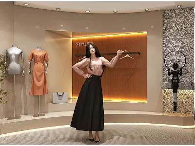 ZUMI Fashion Clothing Store With Model Displaying Dresses And Wooden Wall Decor 3d model