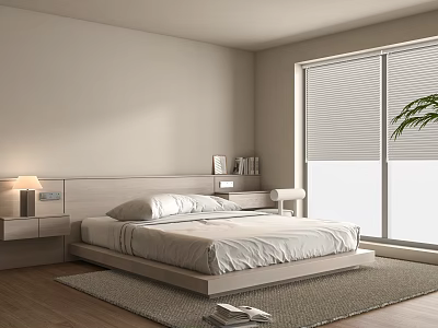 Modern Bedroom Featuring Double Bed Bedside Table Lamp Bookshelf Blinds And Rug 3d model