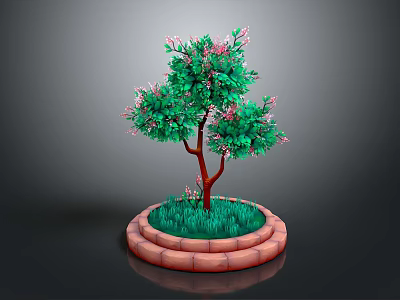 Ornamental Potted Plant With Green Leaves Pink Flowers Brown Trunk And Circular Brick Planter 3d model