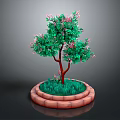 Ornamental Potted Plant With Green Leaves Pink Flowers Brown Trunk And Circular Brick Planter