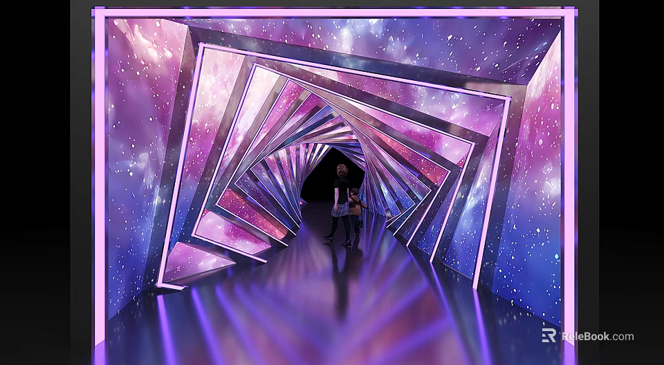 Starry Sky Themed Tunnel With Geometric Frames Reflective Floor And Two People 3d model 