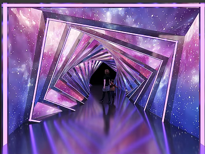 Starry Sky Themed Tunnel With Geometric Frames Reflective Floor And Two People 3d model