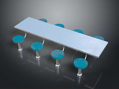 Long Rectangular Dining Table Set With Blue Round Stools And Metal Legs 3d model