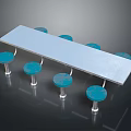 Long Rectangular Dining Table Set With Blue Round Stools And Metal Legs 3d model