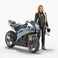 Light Blue Motorcycle With Blonde Woman Holding White Helmet In Black Form Fitting Suit