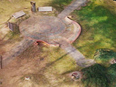 Park Landscape With Circular Paved Area Green Grass Pathway And Stone Structures 3d model