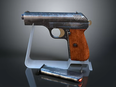 Vintage Pistol with Wooden Grip Metal Body on Display Stand and Magazine 3d model