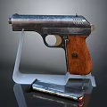 Vintage Pistol with Wooden Grip Metal Body on Display Stand and Magazine
