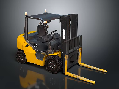 Yellow Komatsu Forklift Model 50 With Black Cabin And Front Forks Design 3d model