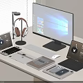 Modern Desktop Computer Workstation With Monitor Tablets Headphones Keyboard And Mouse