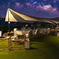 Starry Sky Garden Landscape With Green Lawn White Canopies Dining Tables And Palm Trees