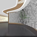 Spacious Modern Hall Interior Design With Traditional Mural And Wooden Curved Ceiling