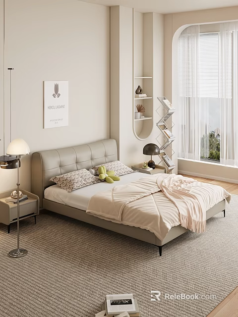 Modern Bedroom Interior With Light Gray Headboard Bedside Tables Lamps Wall Art And Ladder Shelf 3d model 