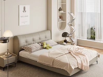 Modern Bedroom Interior With Light Gray Headboard Bedside Tables Lamps Wall Art And Ladder Shelf 3d model