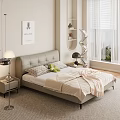 Modern Bedroom Interior With Light Gray Headboard Bedside Tables Lamps Wall Art And Ladder Shelf