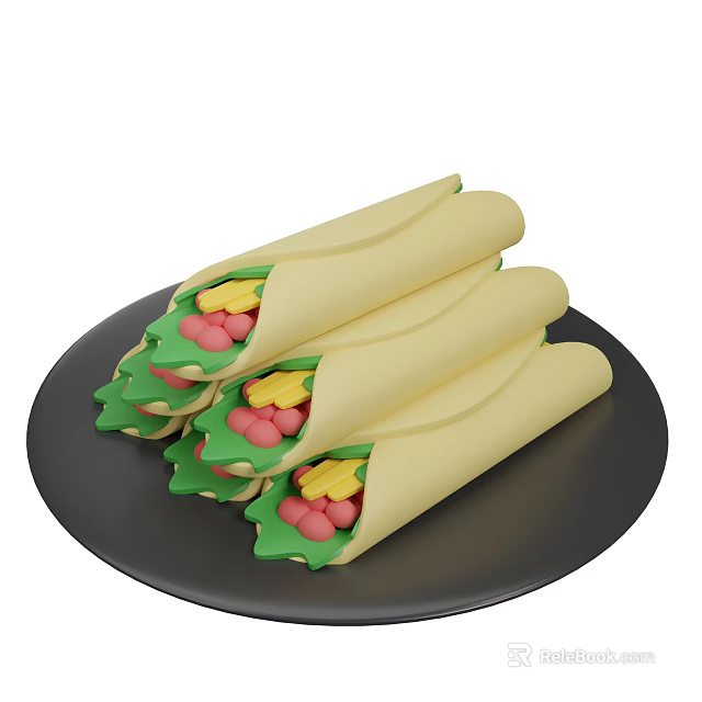 Fresh Colorful Wraps Stuffed With Green Lettuce Pink Fruit And Yellow Ingredients On Black Plate 3d model 