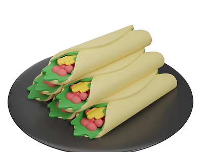 Fresh Colorful Wraps Stuffed With Green Lettuce Pink Fruit And Yellow Ingredients On Black Plate 3d model