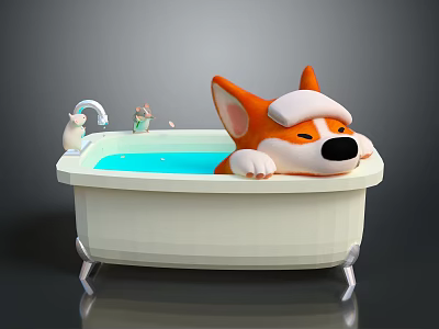 Corgi Enjoying Bath Time In Bathtub With Blue Water Toys And Faucet 3d model