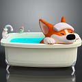 Corgi Enjoying Bath Time In Bathtub With Blue Water Toys And Faucet