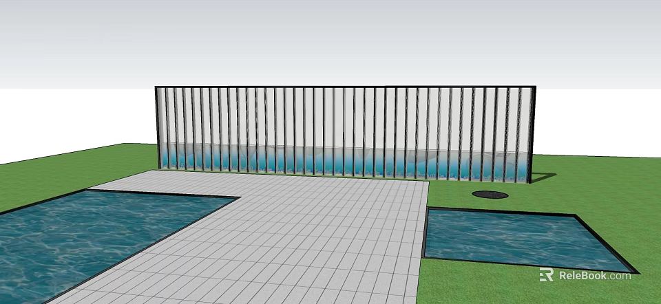 Modern Outdoor Feature Wall With Metal Vertical Slats Water Pool Tiled Floor And Grass Lawn 3d model 