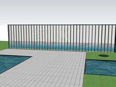 Modern Outdoor Feature Wall With Metal Vertical Slats Water Pool Tiled Floor And Grass Lawn 3d model
