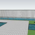 Modern Outdoor Feature Wall With Metal Vertical Slats Water Pool Tiled Floor And Grass Lawn