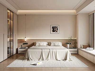Modern Bedroom Interior Featuring King Bed Wall Art Nightstands Table Lamps And Wooden Flooring 3d model