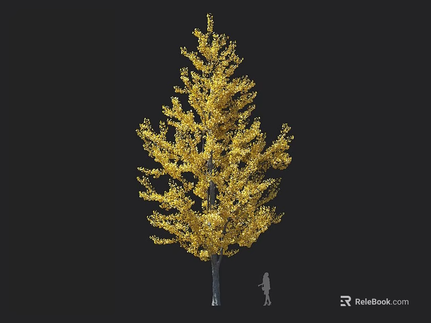 Tall Deciduous Arbor with Golden Foliage and Human Figure Against Dark Backdrop 3d model 