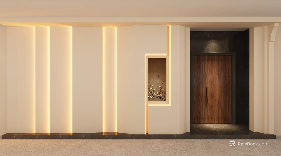 Modern Foyer Design With White Walls Vertical Light Strips Decorative Niche And Dark Wooden Door 3d model 