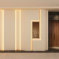 Modern Foyer Design With White Walls Vertical Light Strips Decorative Niche And Dark Wooden Door