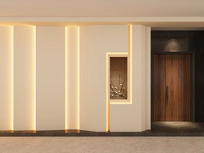 Modern Foyer Design With White Walls Vertical Light Strips Decorative Niche And Dark Wooden Door 3d model
