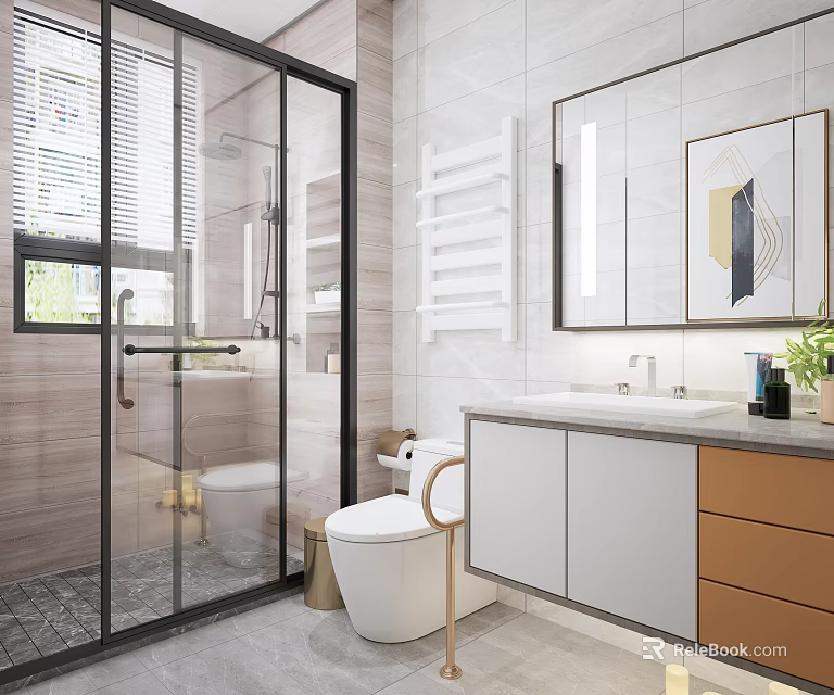 Modern Bathroom Interior Design With Glass Shower Enclosure White Toilet Vanity Cabinet And Large Mirror 3d model 