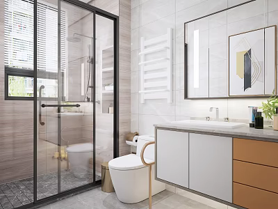 Modern Bathroom Interior Design With Glass Shower Enclosure White Toilet Vanity Cabinet And Large Mirror 3d model