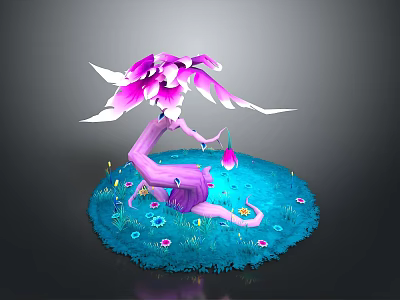 Decorative Fantasy Plant With Purple Trunk Pink Flowers And Blue Base With Small Flowers 3d model