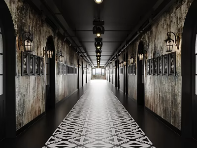 Elevator Hallway Featuring Aged Walls Black And White Patterned Floor Arched Doorways And Hanging Lanterns 3d model
